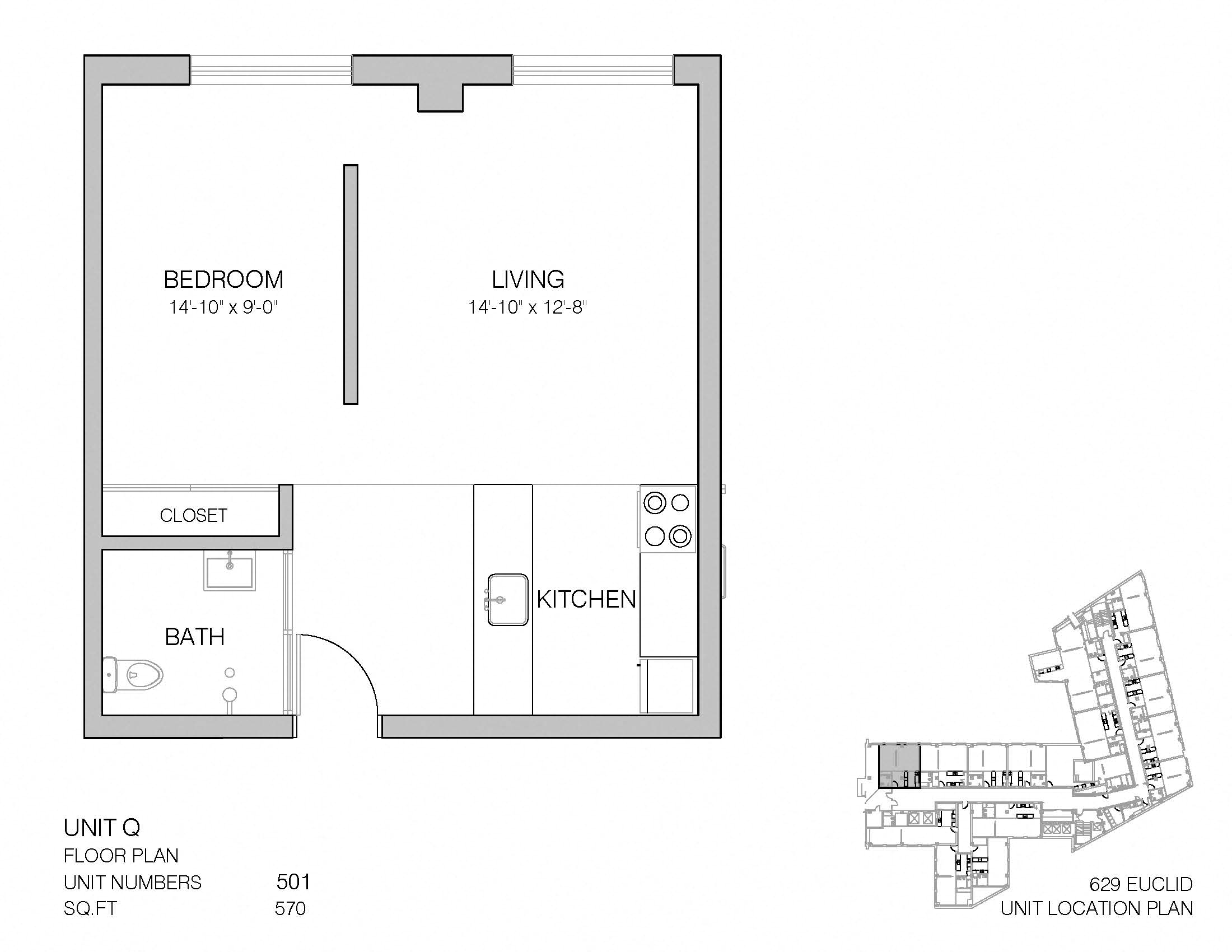 Floor plan for studio, 1 bath, 570 sqft